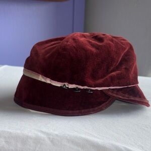 Anthropologie NEST Velvet Burgundy bucket Hat Ribbon Button Detail y2k